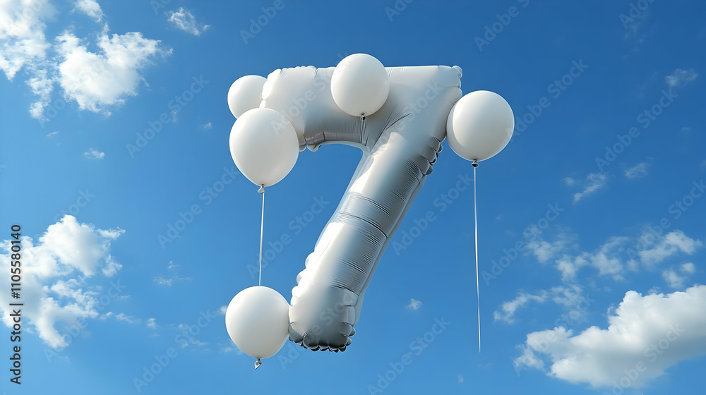 Silver Number Seven Balloon in Sky Silver Number Seven Balloon in Sky