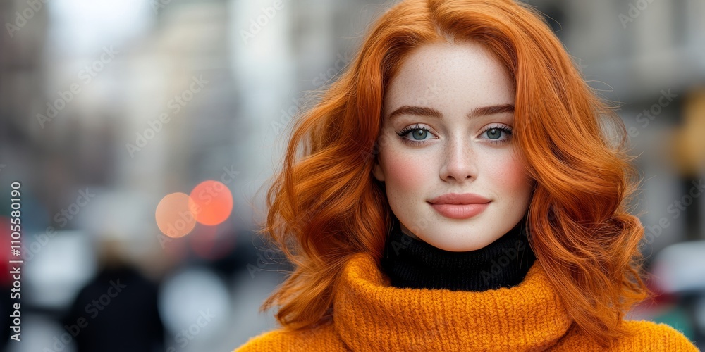 Woman with red hair is wearing a yellow sweater and smiling. She is standing on a city street with cars and people in the background Woman with red hair is wearing a yellow sweater and smiling. She is standing on a city street with cars and people in the background
