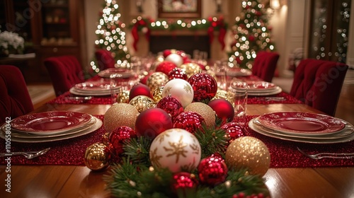 Christmas dining table, with red and gold decorations and lights on the top of it photo