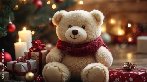 A teddy bear surrounded by Christmas presents, with a warm and cozy atmosphere