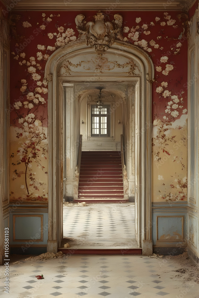 Decaying Grandeur: A Realistic Image of a Floral Hallway Decaying Grandeur: A Realistic Image of a Floral Hallway