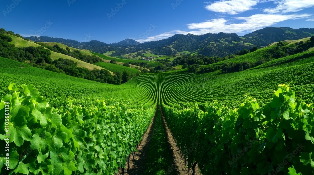 Picturesque Vineyard with Neatly Aligned Grapevines and Rolling Hills Under a Clear Blue Sky Picturesque Vineyard with Neatly Aligned Grapevines and Rolling Hills Under a Clear Blue Sky