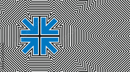 A vector illustration featuring blue arrows inward pointing with a black and white striped background.