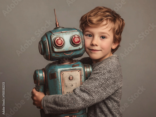 A kid hugging a robot photo