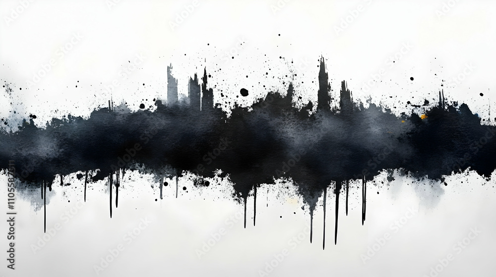 Abstract Ink Cityscape: Splashes & Drips in Black