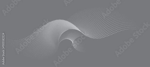 An abstract vector illustration, dynamic particle waves in a halftone gradient, forming a flowing dot curve against a white backdrop. 