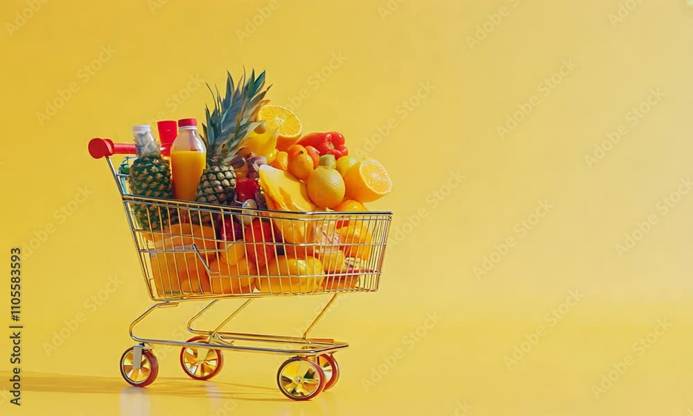 A shopping cart filled with vibrant fruits and drinks.