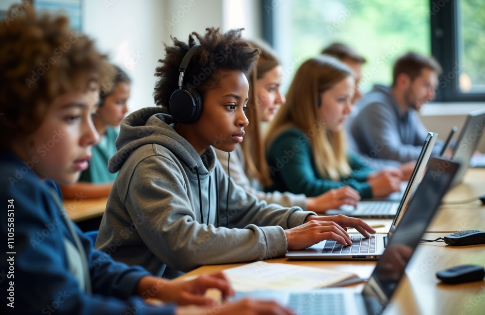 Students focus on laptops in classroom. Many young people wearing headphones use laptops for learning. Modern tech, education in school setting. Diverse students participate in interactive lesson. Students focus on laptops in classroom. Many young people wearing headphones use laptops for learning. Modern tech, education in school setting. Diverse students participate in interactive lesson.