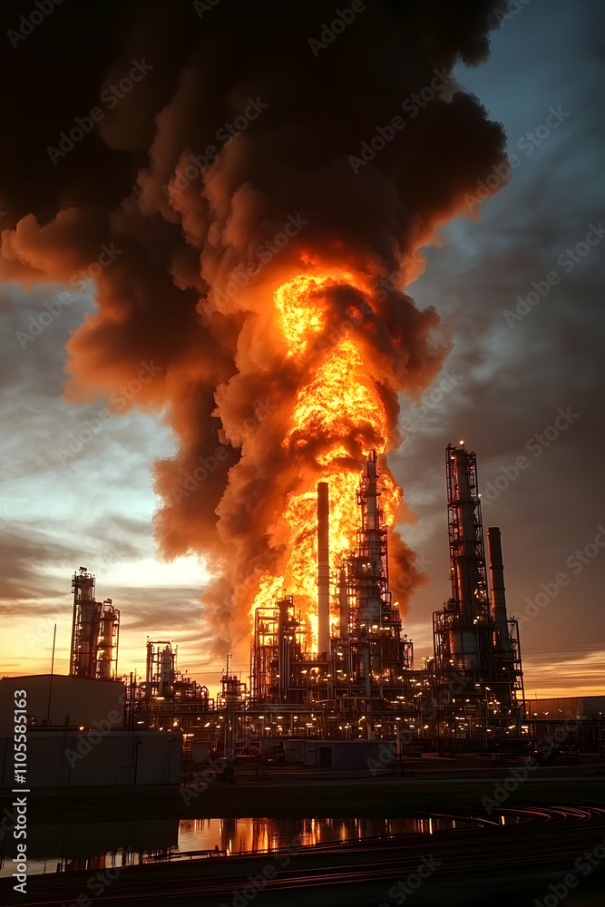 Industrial Inferno: A Realistic Image of a Refinery Fire Industrial Inferno: A Realistic Image of a Refinery Fire