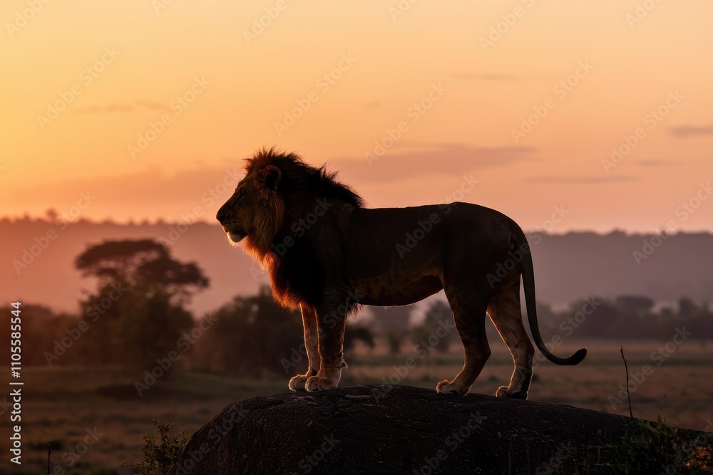 Majestic lion standing on rock at sunrise in african savanna Majestic lion standing on rock at sunrise in african savanna