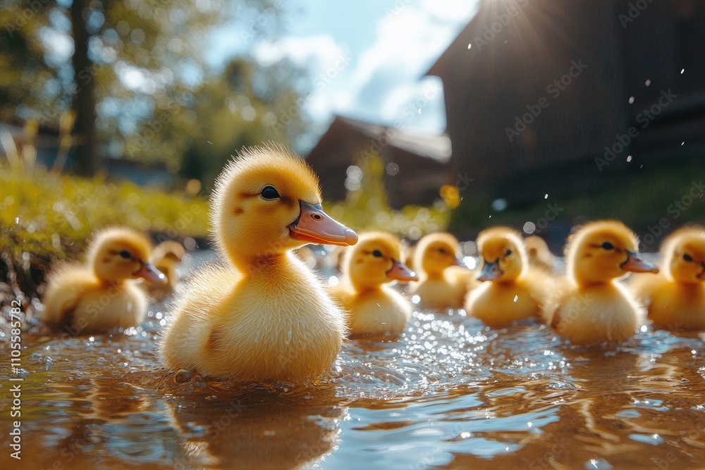 Cute yellow ducklings swimming in pond on sunny day Cute yellow ducklings swimming in pond on sunny day