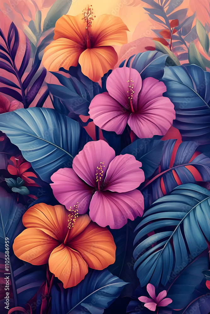 Naklejka premium Vibrant Hibiscus Illustration Tropical Flowers