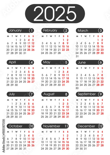Calendar 2025. Calendar design template. English calender. Сolor vector. Week starts on Monday