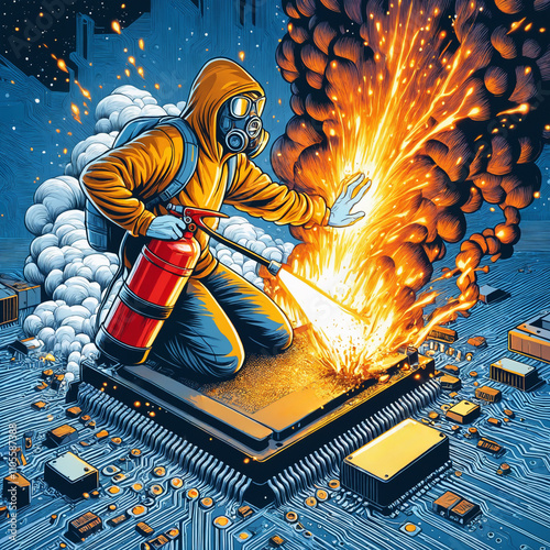 Fire on the printed circuit board. A fireman extinguishes fire on printed circuit board among components