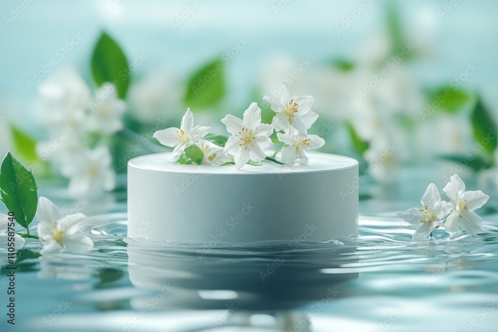White podium displaying cosmetic product with jasmine flowers floating on water White podium displaying cosmetic product with jasmine flowers floating on water
