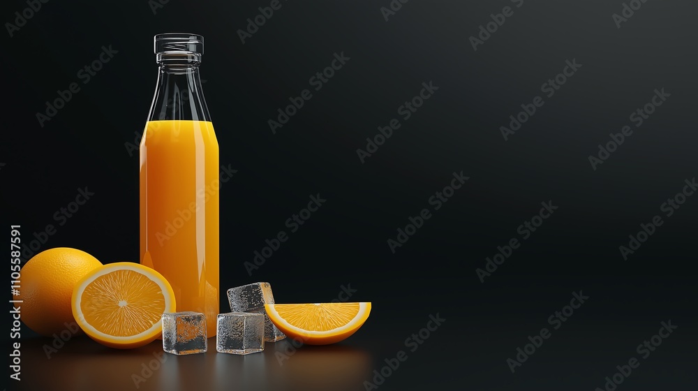 A refreshing bottle of orange juice next to fresh oranges and ice cubes, set against a dark background. A refreshing bottle of orange juice next to fresh oranges and ice cubes, set against a dark background.