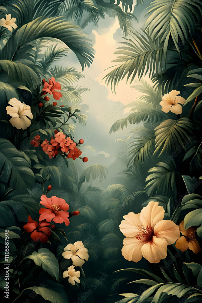 Naklejka premium Lush Tropical Paradise Illustration
