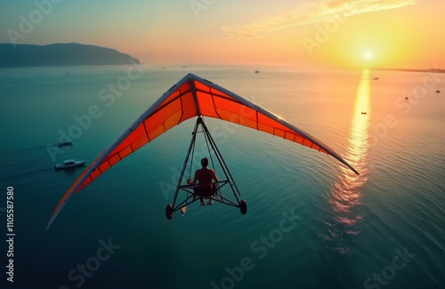 Person enjoys hang gliding over tranquil ocean during sunset. Aerial view shows colorful sky, water reflecting golden light. Peaceful activity, scenic landscape. Travel, adventure concept. Gorgeous photo