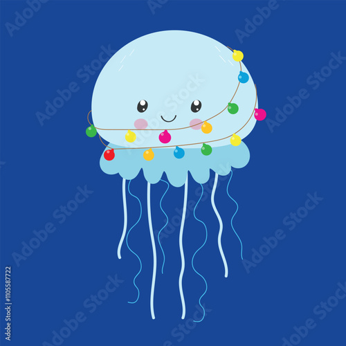 Funny cute blue Jellyfish with garland and lights for design, cards, banner and label.