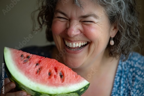 A woman with a jubilant expression laughs wholeheartedly as she savors a slice of watermelon, reflecting the sunny, cheerful ambiance of a summer day. photo