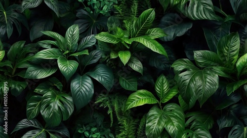 Lush green foliage with a dark background The leaves are of different shapes and sizes and they are all rendered in a realistic style