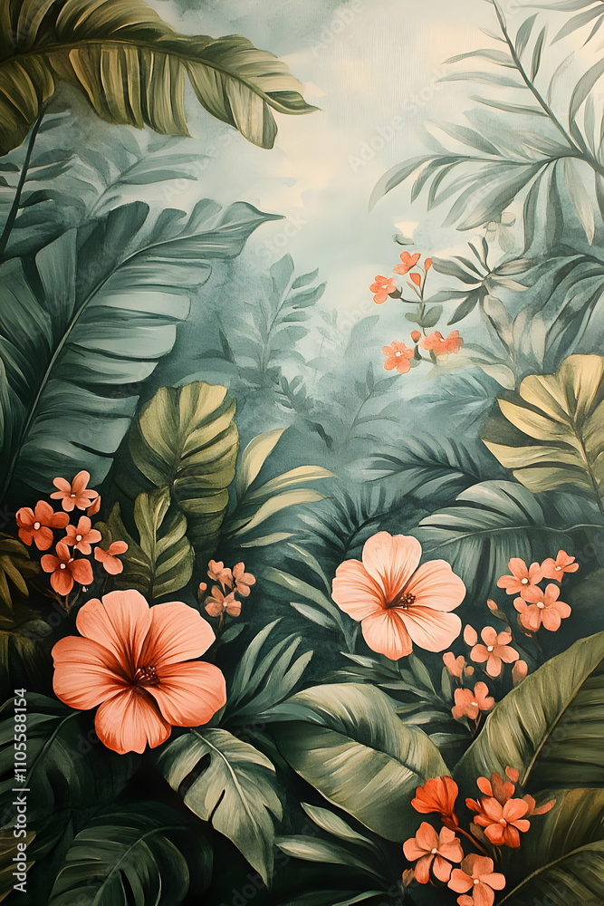 Fototapeta premium Tropical Watercolor Illustration Lush Greenery