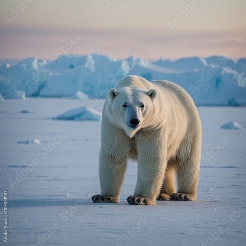 A polar bear standing on an icy Arctic plain under a soft, pale blue sky.

 photo