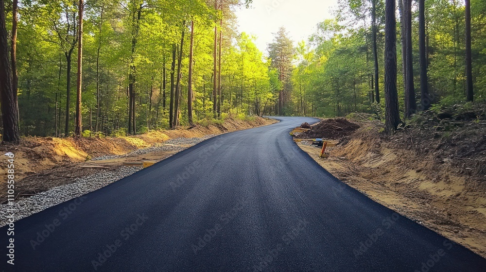Fototapeta premium A new road is being paved through the forest. Trees stand tall on both sides background wallpaper AI generated image