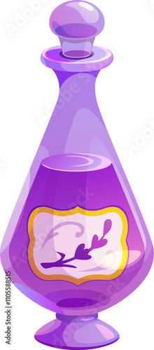 Cartoon glass flask with lavender flowers cosmetics and oil. Isolated vector whimsical and mystical potion bottle, sophisticated vial with purple liquid content, hinting at magical or therapeutic uses