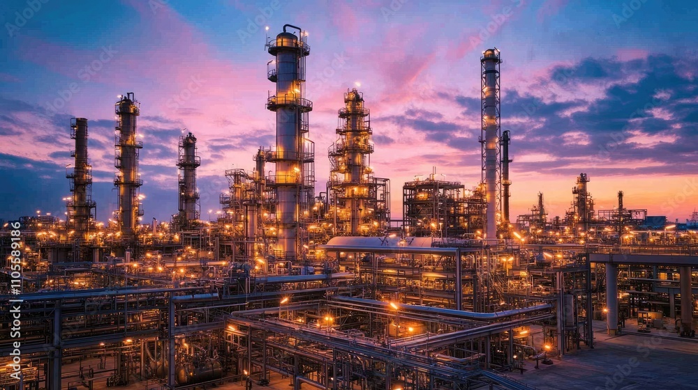 Oil refinery plant processing petroleum at twilight illuminating the industrial landscape Oil refinery plant processing petroleum at twilight illuminating the industrial landscape