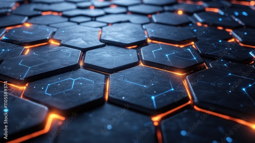 Hexagonal Tiles with Blue and Orange Glow, Futuristic Ground Design, Interactive Technology Concept Hexagonal Tiles with Blue and Orange Glow, Futuristic Ground Design, Interactive Technology Concept