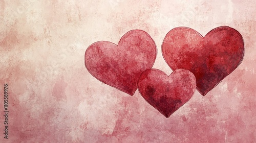 Minimalist watercolor pink love hearts on white background