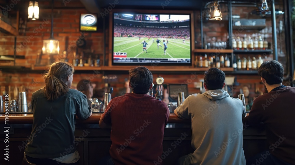 Friends gather at pub bar watching sports game. Enthusiastically watching soccer football match on large screen tv. Relaxed atmosphere with comfortable seating, pub ambiance. Looks like enjoying Friends gather at pub bar watching sports game. Enthusiastically watching soccer football match on large screen tv. Relaxed atmosphere with comfortable seating, pub ambiance. Looks like enjoying