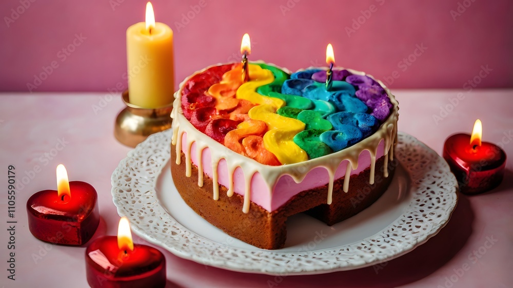 Happy valentines day vibrant heart shape love rainbow lgbt pride cream cake candle, lgbtq equality romantic valentine bonding connection special multicolour dessert Happy valentines day vibrant heart shape love rainbow lgbt pride cream cake candle, lgbtq equality romantic valentine bonding connection special multicolour dessert
