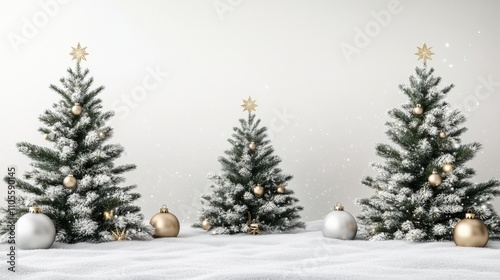 Elegant Christmas Tree Scene with Snowy Pines and Golden Ornaments for Holiday Decor