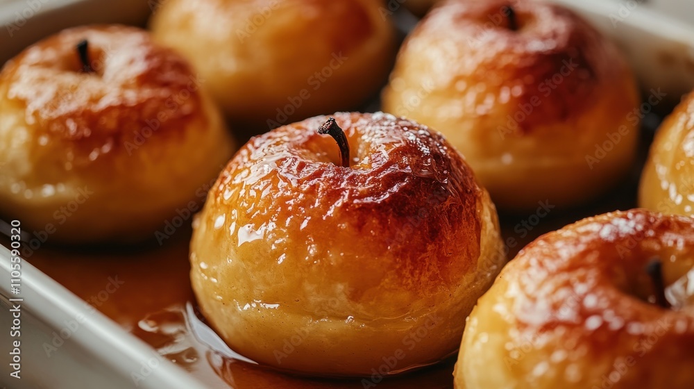 Six golden baked apples in a baking dish with a sugary glaze. Six golden baked apples in a baking dish with a sugary glaze.