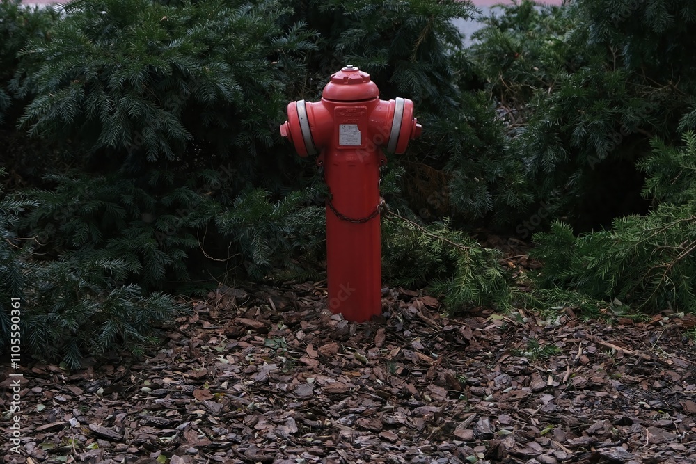 A red fire hydrant standing amidst green shrubs and mulch A red fire hydrant standing amidst green shrubs and mulch
