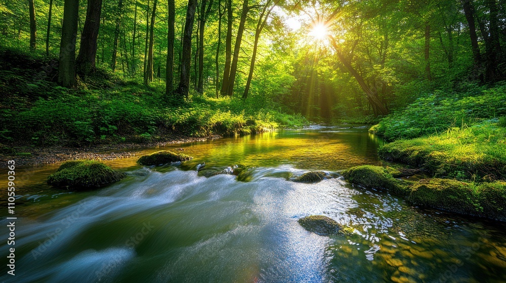 Obraz premium The clear river sparkles through the dense forest, Sunlight reflects off the water as it passes through the trees background wallpaper AI generated image