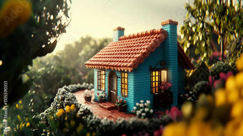 A cozy blue cottage with warm terracotta roof tiles, surrounded by vibrant gardens and bathed in soft golden sunlight, creating a serene, whimsical atmosphere.