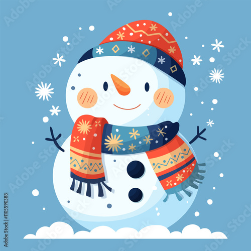 New Year card. A snowman in a red hat and a red scarf decorated with snowflakes on a blue background