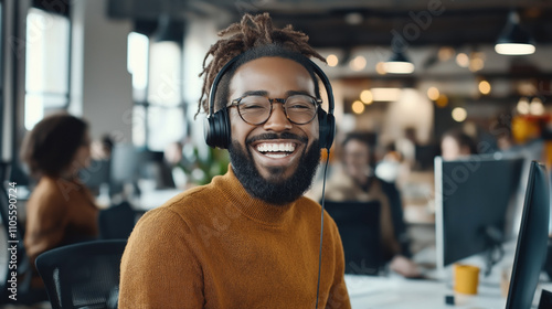 Man wearing glasses and headphones smiling in a modern, open-plan office with colleagues in the background