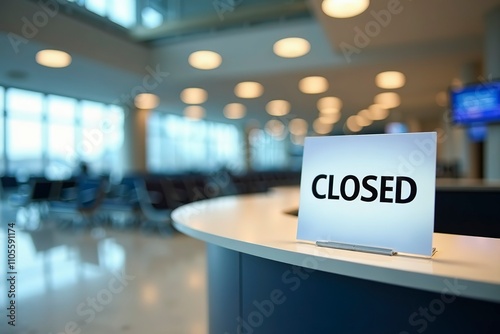 Closed airport counter with empty chairs and a sign indicating no flights available. A symbol of travel disruption and unexpected changes in plans.