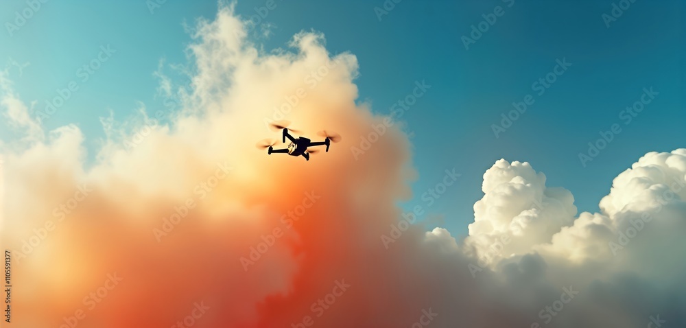 Drone flies through colorful clouds at sunset. Modern tech device in action. Beautiful outdoor tech scene. Aerial view. Bright sunlight. No people. Dynamic imagery for tech company tourism ad. Great Drone flies through colorful clouds at sunset. Modern tech device in action. Beautiful outdoor tech scene. Aerial view. Bright sunlight. No people. Dynamic imagery for tech company tourism ad. Great