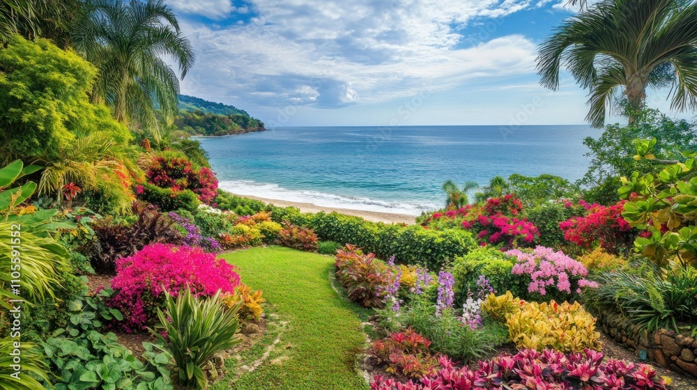 Lovely green garden by the sea with bush flowers and neatly trimmed hedges background wallpaper AI generated image