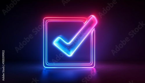 A glowing neon checkmark inside a square outline, radiating vibrant pink and blue colors against a dark background.