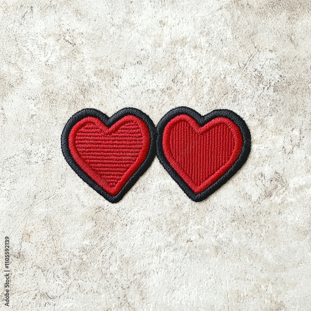 Dual Red Heart Patches on a Textured Background for Crafts and Decor Dual Red Heart Patches on a Textured Background for Crafts and Decor