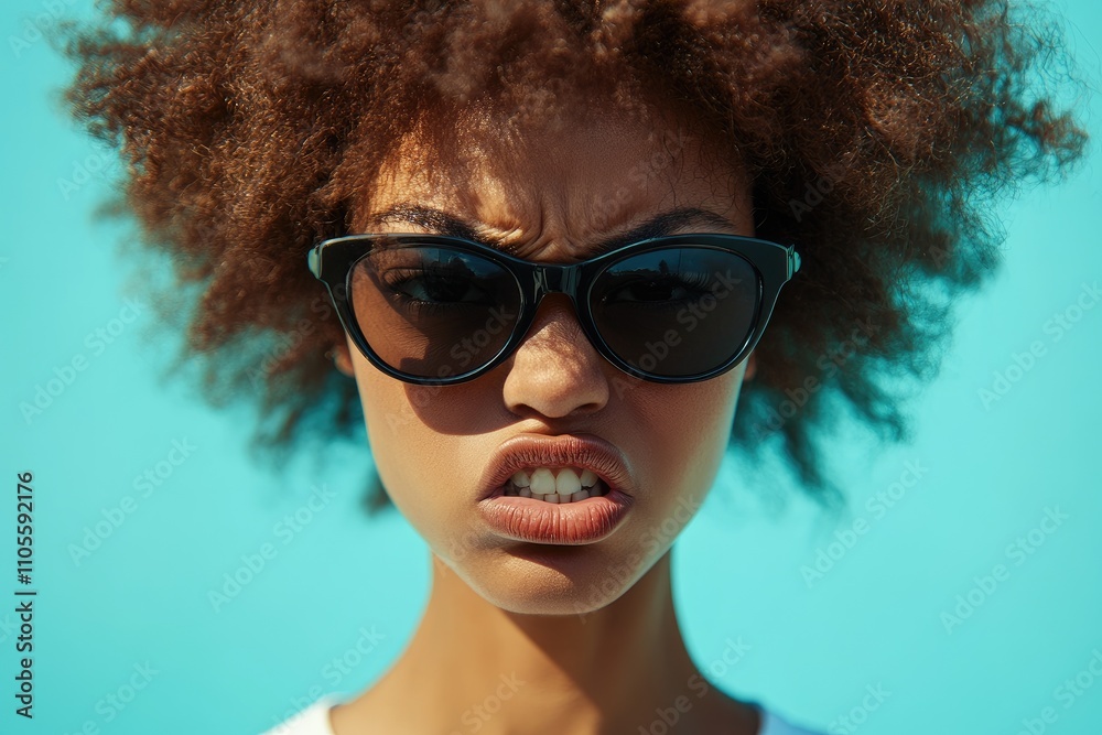Young woman wearing sunglasses showing angry expression on turquoise background Young woman wearing sunglasses showing angry expression on turquoise background