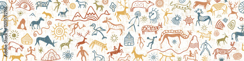 Ethnic seamless border on the theme of rock paintings, petroglyphs, vector design, banner