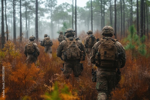 Group of soldiers in camo walking through a field photo