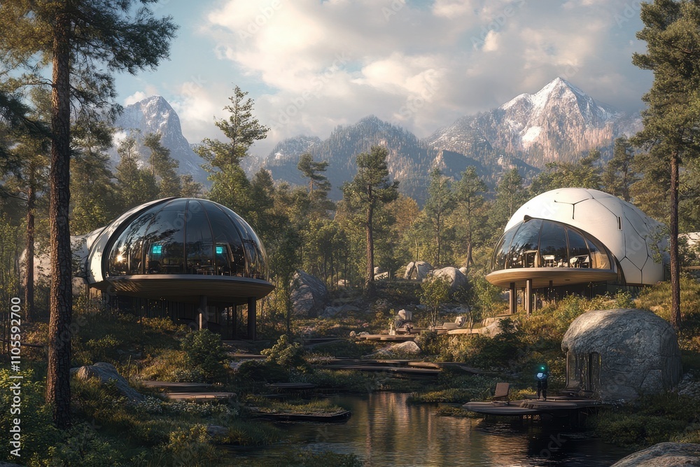 Futuristic Eco-Lodge with Organic Design Seamlessly Integrated into Lush Mountain Landscape Futuristic Eco-Lodge with Organic Design Seamlessly Integrated into Lush Mountain Landscape